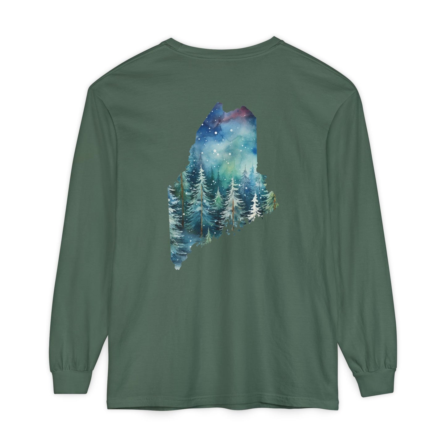 Winter Watercolor Evergreens Maine Comfort Colors Unisex Garment-dyed Long Sleeve T-Shirt
