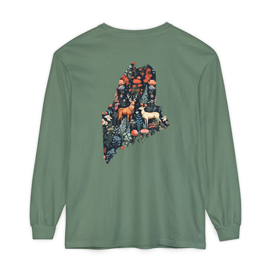 Folksy Deer Maine State 100% Cotton Long Sleeve T-Shirt